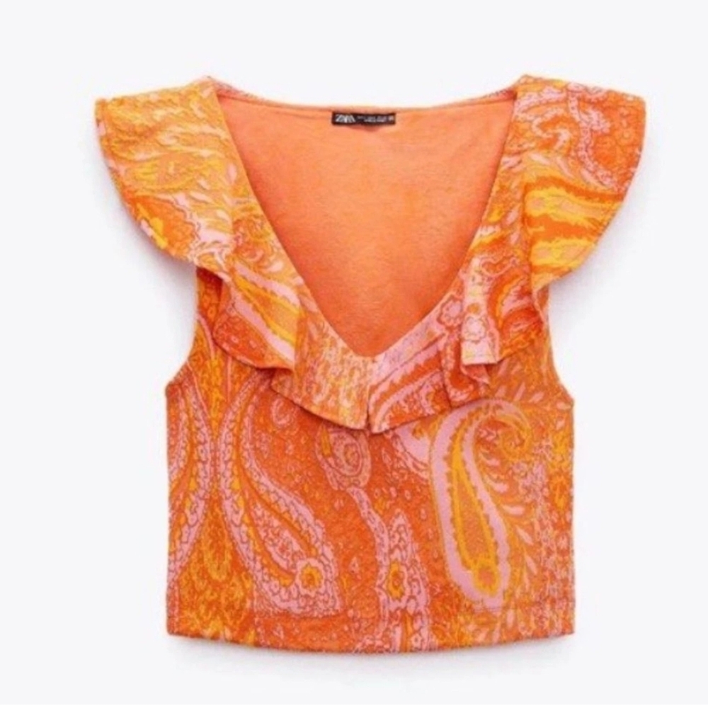 ZARA Orange and Pink Floral Paisley Ruffled Sleeveless Blouse Size S